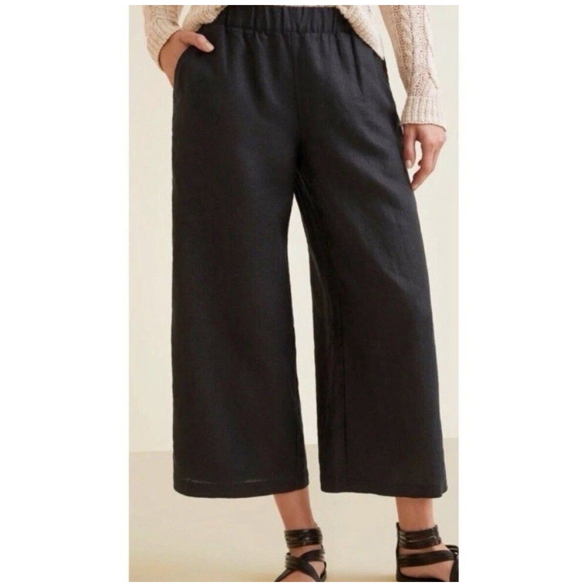 Garnet Hill Cropped Wide-Leg Linen Pants Large Black Coastal Minimalist